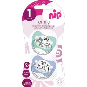 Set 2 suzete Nip, Family, Silicon moale, Forma anatomica, Ortodontica, Cu inel, 0-6 luni, Multicolor