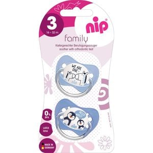 Set 2 suzete Nip, Family, Silicon moale, Forma anatomica, Ortodontica, Cu inel, 16-32 luni, Multicolor