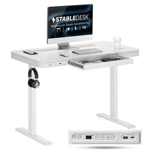 Birou reglabil pe inaltime StableDesk All-In-One, 1 motor, Controler cu Butoane, Incarcator Wireless, 118 x 60 x 72 cm, Alb