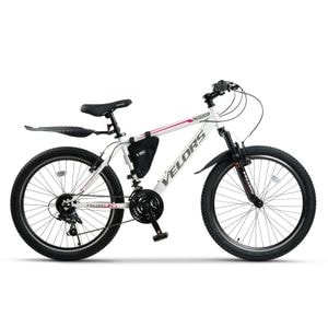 Bicicleta pentru munte tip MTB Velors Neptune JSX24215, frana tip V-Brake fata/spate, echipare Shimano, roata 24 inch, aparatori noroi fata/spate, 21 Viteze, alb cu mov