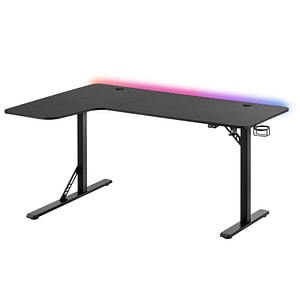 Birou Gaming StableDesk RGB, Iluminare LED, Suport de Pahar si Casti, Organizator Cabluri, Forma de L, 160 x 100 cm, Negru/Carbon