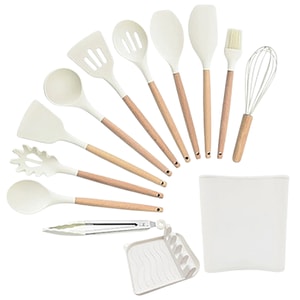 Set ustensile de bucatarie SIKS, 13 piese, silicon, lemn, 32 cm, alb