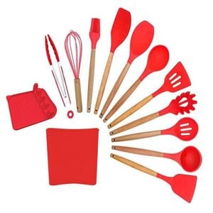 Set ustensile de bucatarie SIKS, 13 piese, silicon, lemn, 32 cm, rosu
