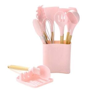 Set ustensile de bucatarie SIKS, 13 piese, silicon, lemn, 32 cm, roz