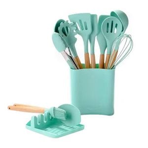 Set ustensile de bucatarie SIKS, 13 piese, silicon, lemn, 32 cm, turcoaz