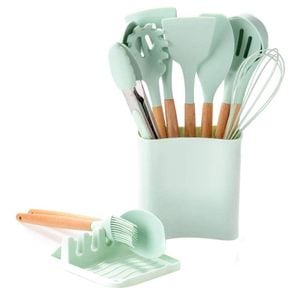 Set ustensile de bucatarie SIKS, 13 piese, silicon, lemn, 32 cm, verde