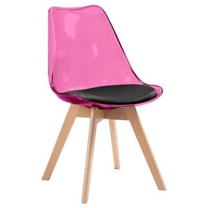 Scaun dining / bucatarie QMOBILI Tori TRS Roz, scoica PP transparenta, sezut piele ecologica neagra, picioare lemn fag natur