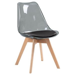 Scaun dining / bucatarie QMOBILI Tori TRS Negru, scoica PP transparenta, sezut piele ecologica neagra, picioare lemn fag natur