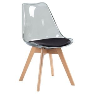 Scaun dining / bucatarie QMOBILI Tori TRS Gri, scoica PP transparenta, sezut piele ecologica neagra, picioare lemn fag natur