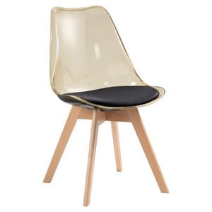 Scaun dining / bucatarie QMOBILI Tori TRS Auriu, scoica PP transparenta, sezut piele ecologica neagra, picioare lemn fag natur