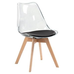 Scaun dining / bucatarie QMOBILI Tori TRS Alb, scoica PP transparenta, sezut piele ecologica neagra, picioare lemn fag natur