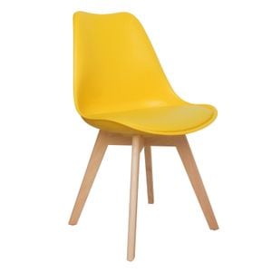 Scaun dining / bucatarie QMOBILI Tori Galben, scoica PP, sezut piele ecologica, picioare lemn fag natur