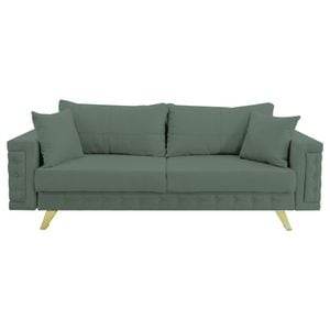 Canapea extensibila Jaky Omega, cu lada de depozitare si picioare aurii, stofa, verde ou de rata, 230x105x80 cm