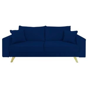 Canapea extensibila Jaky Alisson, cu lada de depozitare si picioare aurii, catifea, bleumarin, 230x105x80 cm