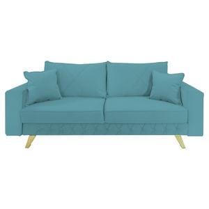 Canapea extensibila Jaky Alisson, cu lada de depozitare si picioare aurii, catifea, albastru deschis, 230x105x80 cm