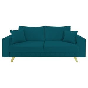 Canapea extensibila Jaky Alisson, cu lada de depozitare si picioare aurii, catifea, turcoaz, 230x105x80 cm