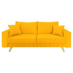 Canapea extensibila Jaky Alisson, cu lada de depozitare si picioare aurii, catifea, galben mustar, 230x105x80 cm