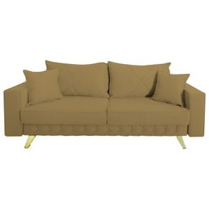 Canapea extensibila Jaky Alisson, cu lada de depozitare si picioare aurii, stofa, bej, 230x105x80 cm