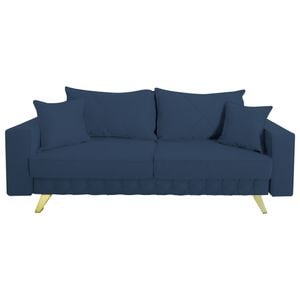 Canapea extensibila Jaky Alisson, cu lada de depozitare si picioare aurii, stofa, albastru, 230x105x80 cm