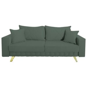 Canapea extensibila Jaky Alisson, cu lada de depozitare si picioare aurii, stofa, verde ou de rata, 230x105x80 cm