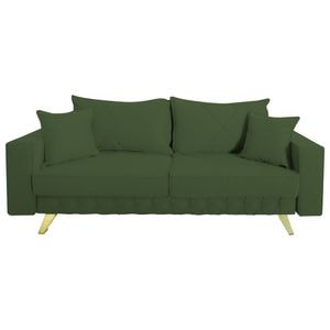 Canapea extensibila Jaky Alisson, cu lada de depozitare si picioare aurii, stofa, kaki, 230x105x80 cm