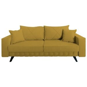 Canapea extensibila Jaky Alisson, cu lada de depozitare si picioare negre, stofa, galben mustar, 230x105x80 cm