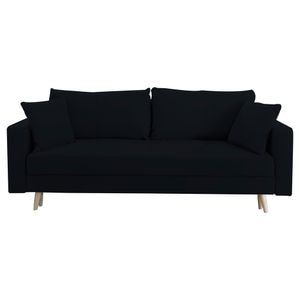 Canapea extensibila Jaky Sofia, cu lada de depozitare si picioare de lemn, catifea negru, 220x90x80 cm
