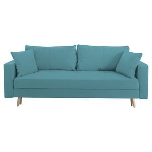 Canapea extensibila Jaky Sofia, cu lada de depozitare si picioare de lemn, catifea, albastru deschis, 220x90x80 cm