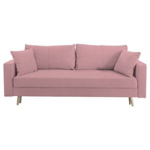 Canapea extensibila Jaky Sofia, cu lada de depozitare si picioare de lemn, catifea, roz pudra, 220x90x80 cm