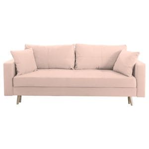 Canapea extensibila Jaky Sofia, cu lada de depozitare si picioare de lemn, catifea, roz pal, 220x90x80 cm