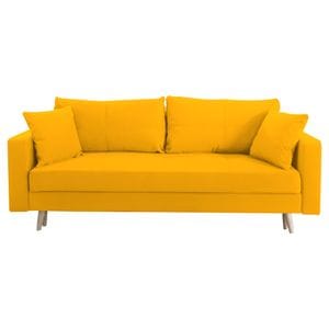 Canapea extensibila Jaky Sofia, cu lada de depozitare si picioare de lemn, catifea, galben mustar, 220x90x80 cm