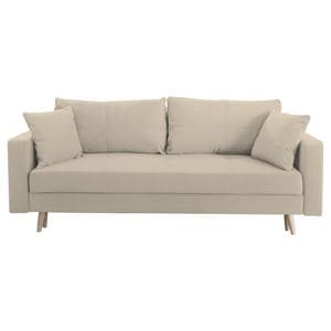 Canapea extensibila Jaky Sofia, cu lada de depozitare si picioare de lemn, catifea, bej, 220x90x80 cm