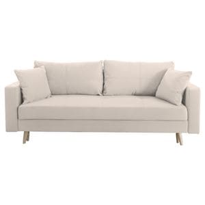 Canapea extensibila Jaky Sofia, cu lada de depozitare si picioare de lemn, catifea, crem, 220x90x80 cm