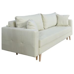 Canapea extensibila Jaky Sofia, cu lada de depozitare si picioare de lemn, stofa, alb, 220x90x80 cm