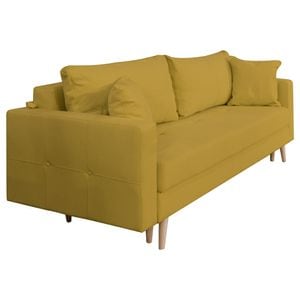 Canapea extensibila Jaky Sofia, cu lada de depozitare si picioare de lemn, stofa, galben mustar, 220x90x80 cm