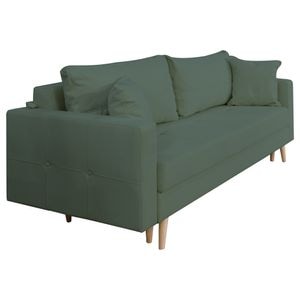 Canapea extensibila Jaky Sofia, cu lada de depozitare si picioare de lemn, stofa, verde ou de rata, 220x90x80 cm