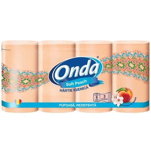 Hartie igienica Onda Soft Piersica, Pufoasa, Rezistenta, 3 straturi, 8 role