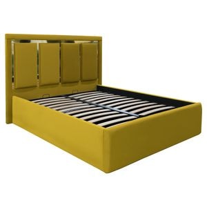 Pat dublu tapitat Jaky New York cu benzi aurii, 200x200 cm, galben mustar, cu somiera metalica rabatabila si spatiu de depozitare