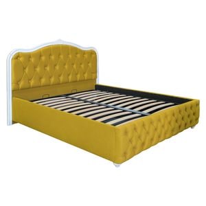 Pat dublu tapitat Jaky Siesta cu picioare, 160x200 cm, galben mustar, cu somiera metalica rabatabila si lada de depozitare