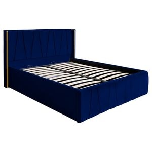 Pat dublu tapitat model Jaky Montana, 200x200 cm, culoare bleumarin cu somiera metalica rabatabila si spatiu depozitare
