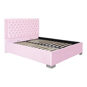 Pat dublu tapitat Jaky Louisiana, cu picioare 200x200 cm, culoare roz cu somiera metalica fixa