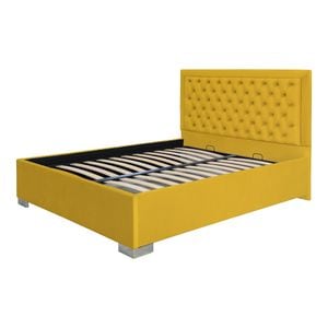 Pat dublu tapitat Jaky Louisiana, cu picioare 200x200 cm, culoare galben mustar cu somiera metalica fixa