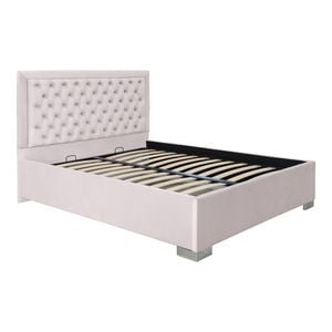 Pat dublu tapitat Jaky Louisiana, cu picioare 200x200 cm, culoare crem cu somiera metalica fixa