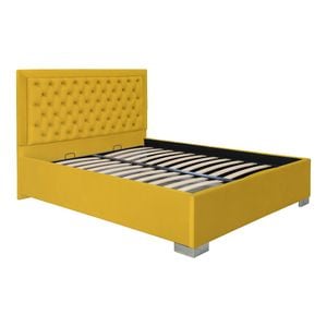 Pat dublu tapitat Jaky Louisiana, cu picioare 120x200 cm, culoare galben mustar cu somiera metalica fixa