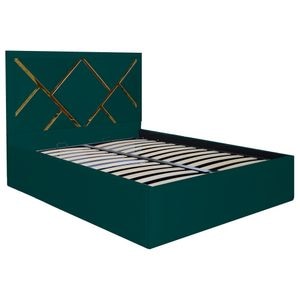 Pat dublu tapitat Jaky California, verde cu benzi aurii, 180x200 cm, cu somiera metalica rabatabila si spatiu de depozitare