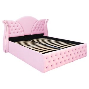 Pat dublu tapitat model Jaky Florida 140x200 cm, culoare roz cu somiera metalica rabatabila si spatiu de depozitare