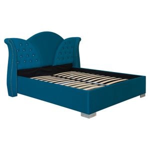 Pat dublu tapitat Jaky Florida cu picioare si nasturi sticla 180x200 cm, culoare turcoaz F19 cu somiera metalica fixa