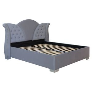 Pat dublu tapitat Jaky Florida cu picioare si nasturi sticla 180x200 cm, culoare gri deschis cu somiera metalica fixa