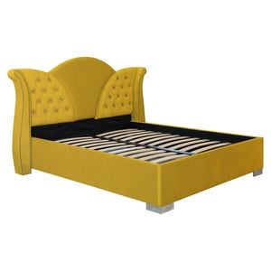 Pat dublu tapitat Jaky Florida cu picioare si nasturi sticla 160x200 cm, culoare galben mustar cu somiera metalica fixa