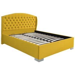 Pat dublu tapitat model Jaky Vancouver cu picioare 200x200 cm, culoare galben mustar cu somiera metalica fixa
